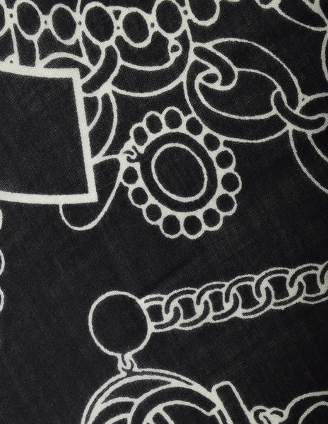 Chanel Vintage Black and White CC Logo Chain Pearl Jewelry Print Oversized Cashmere Scarf