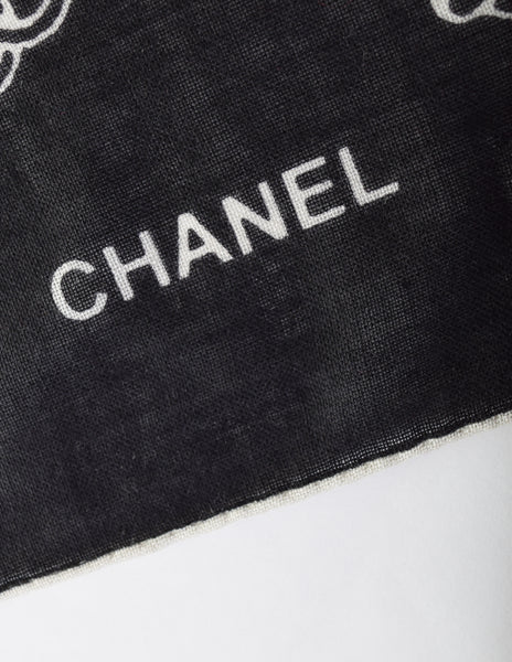 Chanel Vintage Black and White CC Logo Chain Pearl Jewelry Print Oversized Cashmere Scarf