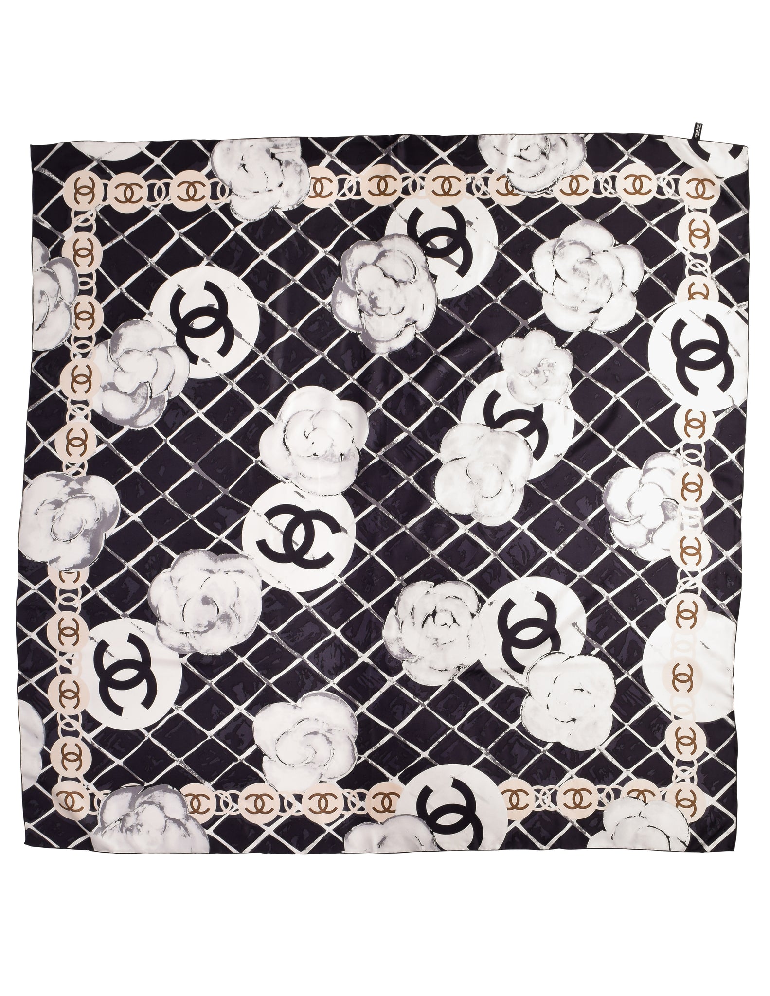 Chanel Black White CC Logo Camellia Quilted Matelasse Extra Large Oversized Silk Scarf