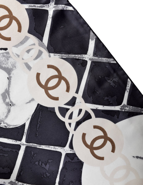 Chanel Black White CC Logo Camellia Quilted Matelasse Extra Large Oversized Silk Scarf