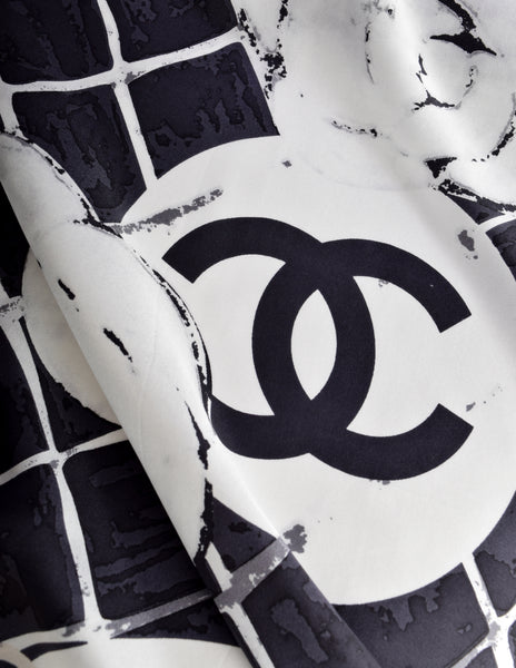 Chanel Black White CC Logo Camellia Quilted Matelasse Extra Large Oversized Silk Scarf