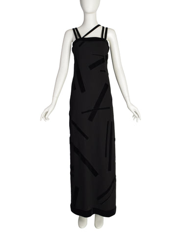 Chanel Vintage AW 1998 Black Wool Abstract Velvet Applique Column Gown Dress