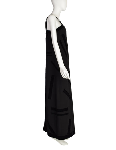 Chanel Vintage AW 1998 Black Wool Abstract Velvet Applique Column Gown Dress