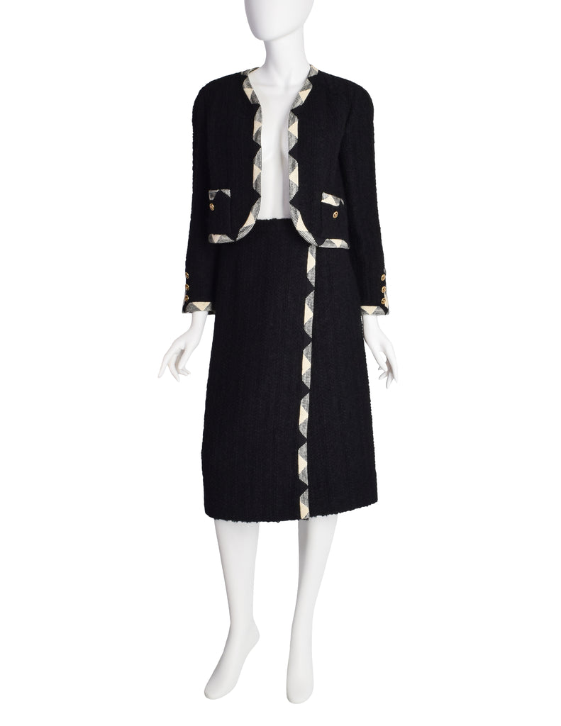 Chanel Vintage Black and White Boucle Jacket and Skirt Two Piece