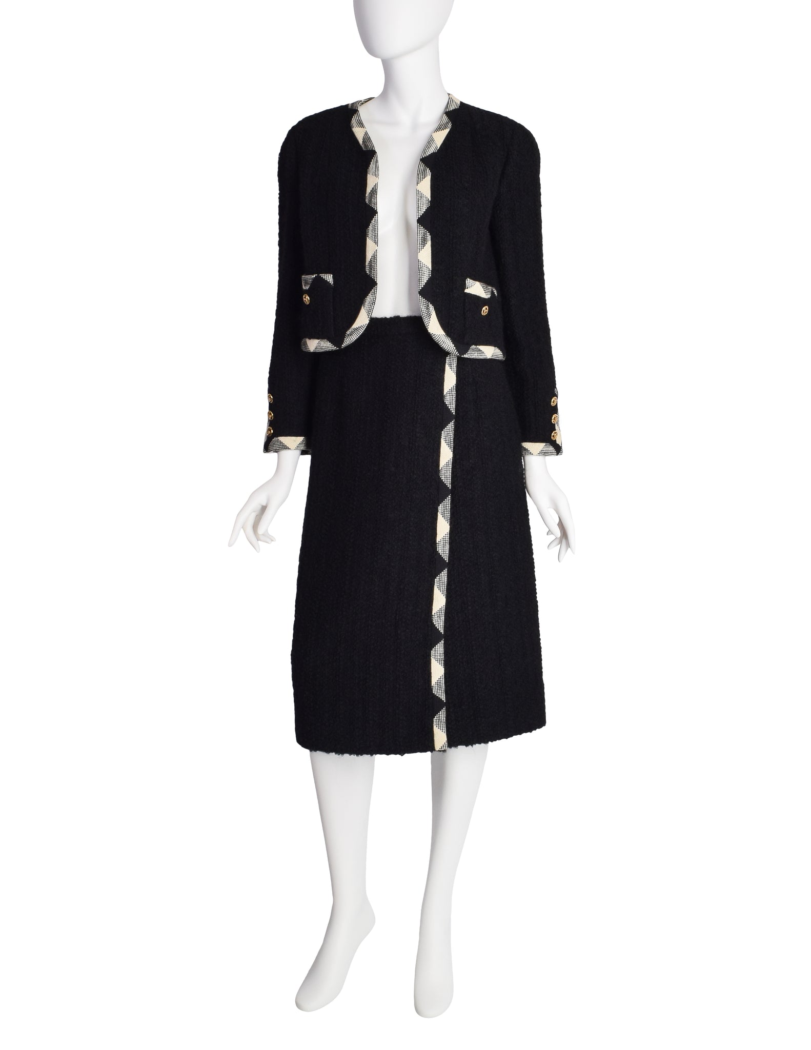 Chanel Vintage Black and White Boucle Jacket and Skirt Two Piece Suit