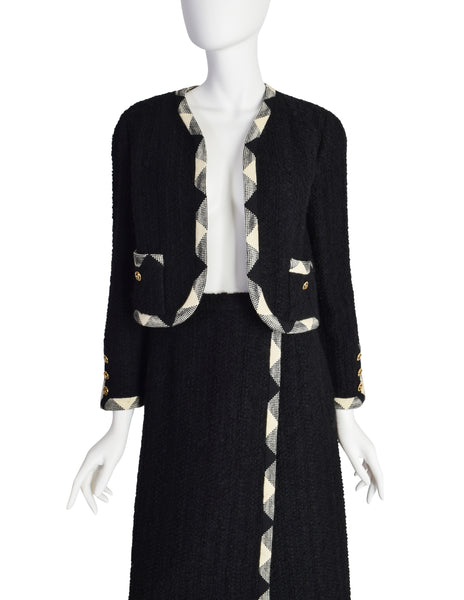 Chanel Vintage Black and White Boucle Jacket and Skirt Two Piece Suit