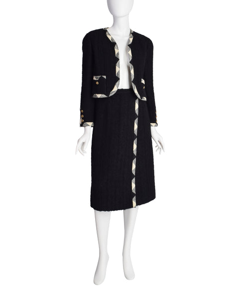 Chanel Vintage Black and White Boucle Jacket and Skirt Two Piece Suit