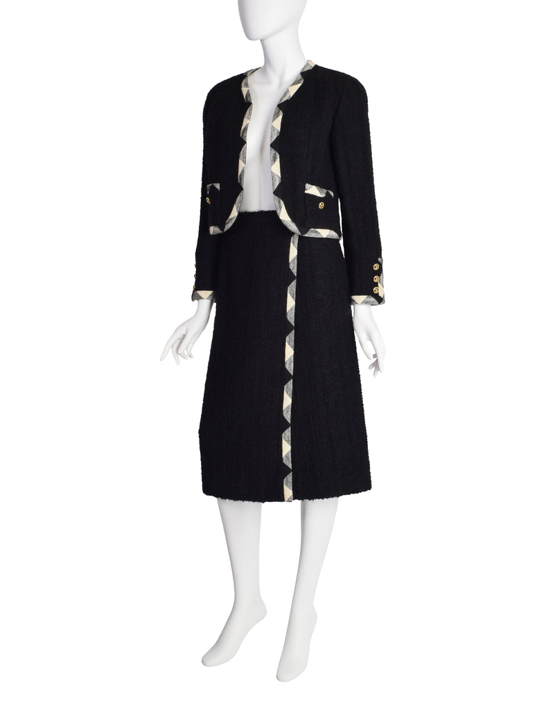 Chanel Vintage Black and White Boucle Jacket and Skirt Two Piece