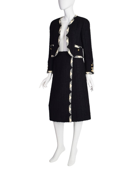 Chanel Vintage Black and White Boucle Jacket and Skirt Two Piece Suit