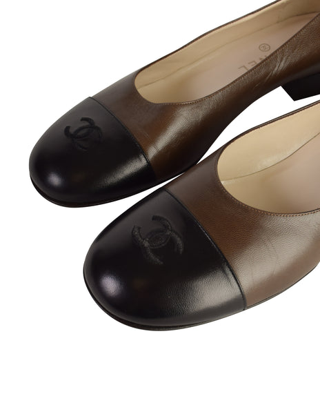 Chanel Vintage Black Brown Two Tone Leather CC Logo Cap Toe Squared Heel Flats Shoes