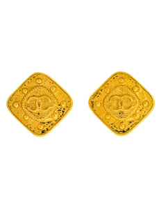 Chanel Vintage 1995 Huge Gold CC Logo Diamond Shaped Earrings