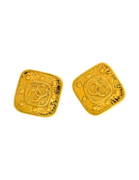 Chanel Vintage 1995 Huge Gold CC Logo Diamond Shaped Earrings