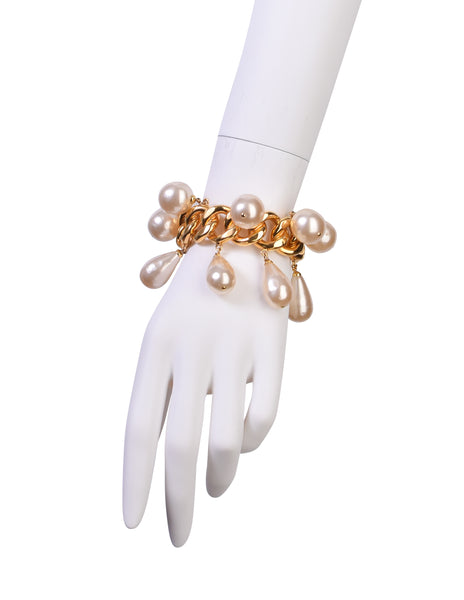 Chanel Vintage Oversized Dangling Pearl Gold Chain Cuff Bracelet