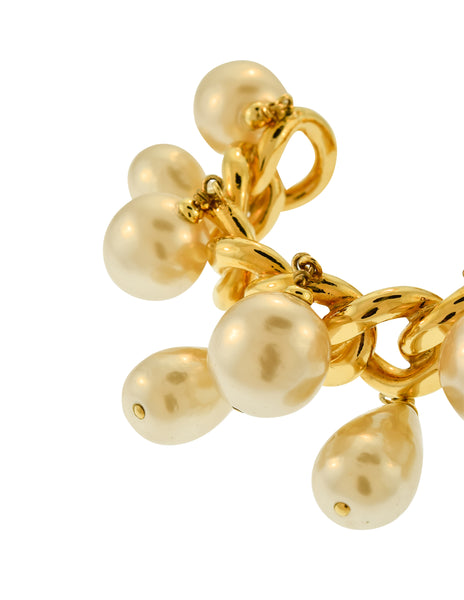 Chanel Vintage Oversized Dangling Pearl Gold Chain Cuff Bracelet