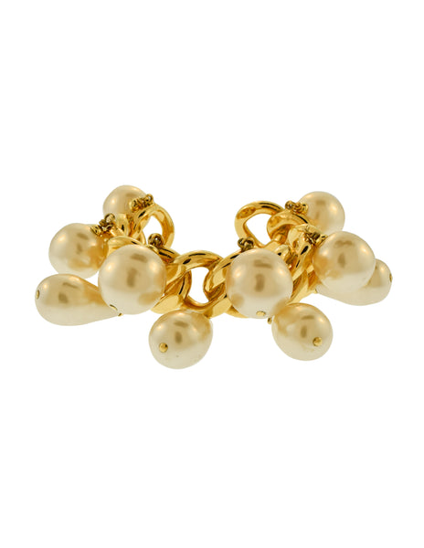 Chanel Vintage Oversized Dangling Pearl Gold Chain Cuff Bracelet