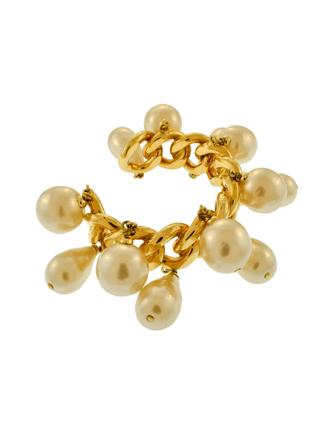 Chanel Vintage Oversized Dangling Pearl Gold Chain Cuff Bracelet