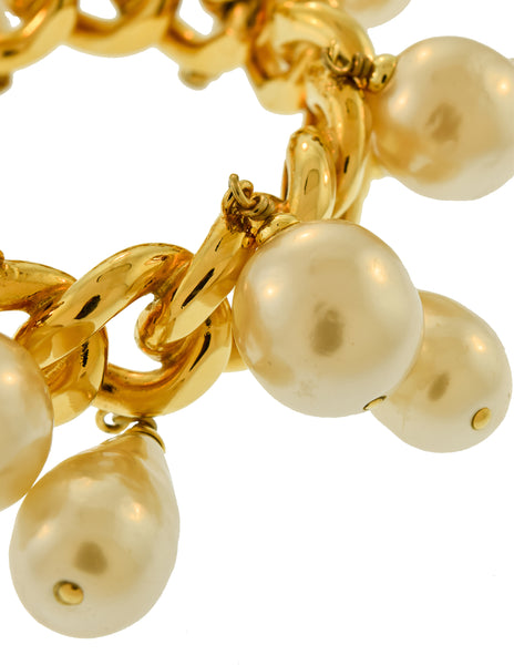 Chanel Vintage Oversized Dangling Pearl Gold Chain Cuff Bracelet