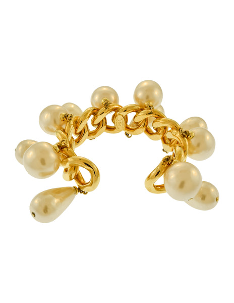 Chanel Vintage Oversized Dangling Pearl Gold Chain Cuff Bracelet