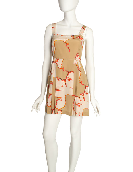 Chanel Vintage 2000 Beige Abstract Coco Chanel Face Portrait Pleated Silk Mini Dress