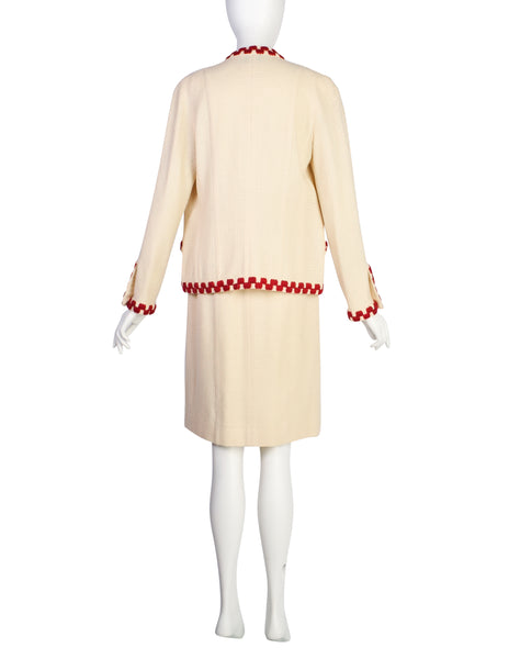 Chanel Vintage SS 1987 Cream Wool Tweed Red Embroidered Jacket and Skirt Suit