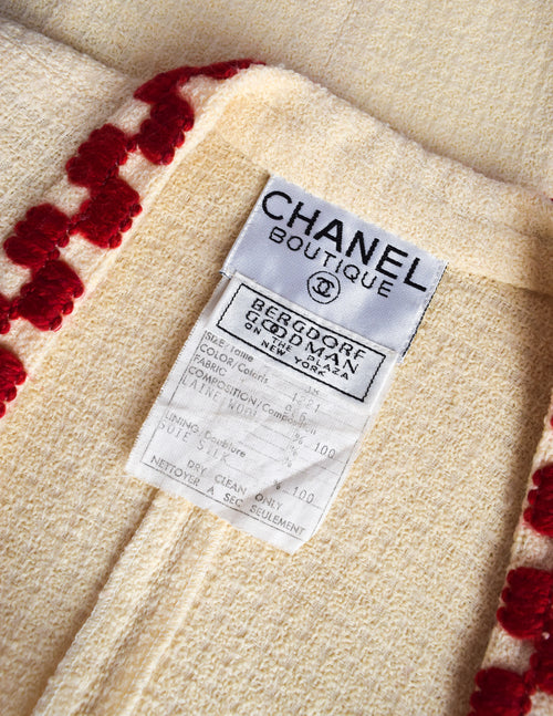 Chanel Vintage SS 1987 Cream Wool Tweed Red Embroidered Jacket and