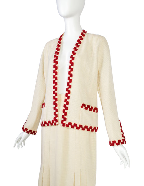 Chanel Vintage SS 1987 Cream Wool Tweed Red Embroidered Jacket and Skirt Suit
