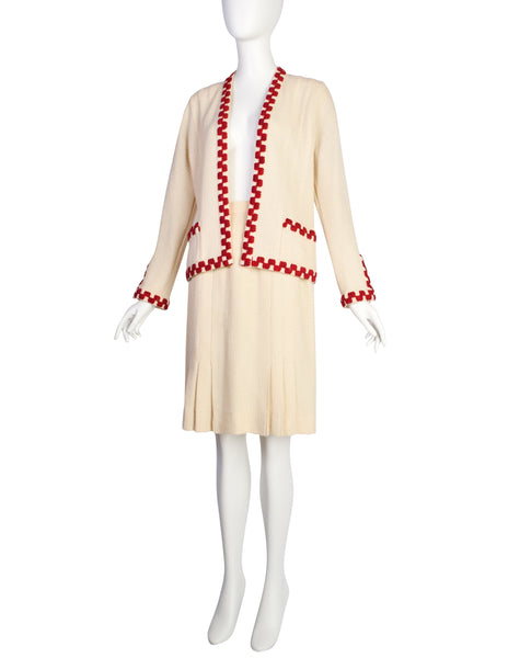 Chanel Vintage SS 1987 Cream Wool Tweed Red Embroidered Jacket and Skirt Suit
