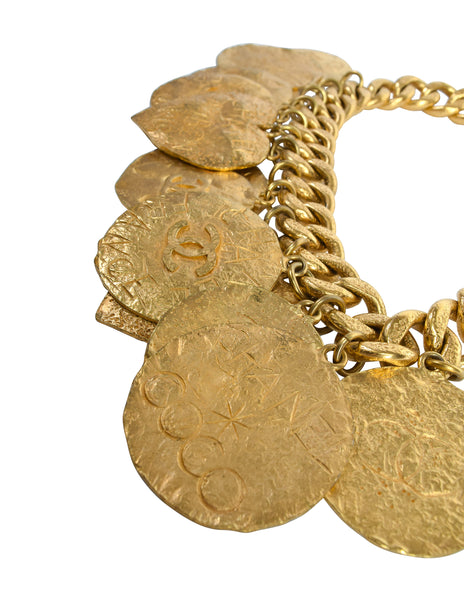 Chanel Vintage 1993 Gold Hammered Coco Egosite Cambon Large Multi Medallion Chain Necklace