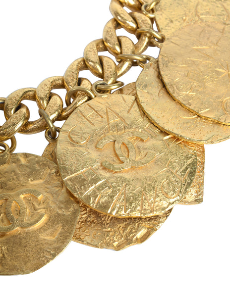 Chanel Vintage 1993 Gold Hammered Coco Egosite Cambon Large Multi Medallion Chain Necklace