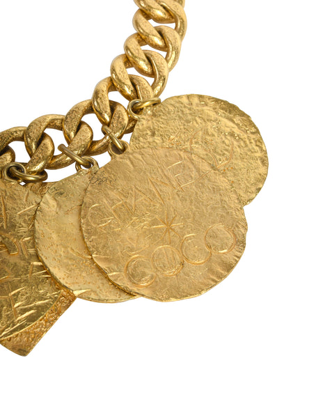 Chanel Vintage 1993 Gold Hammered Coco Egosite Cambon Large Multi Medallion Chain Necklace
