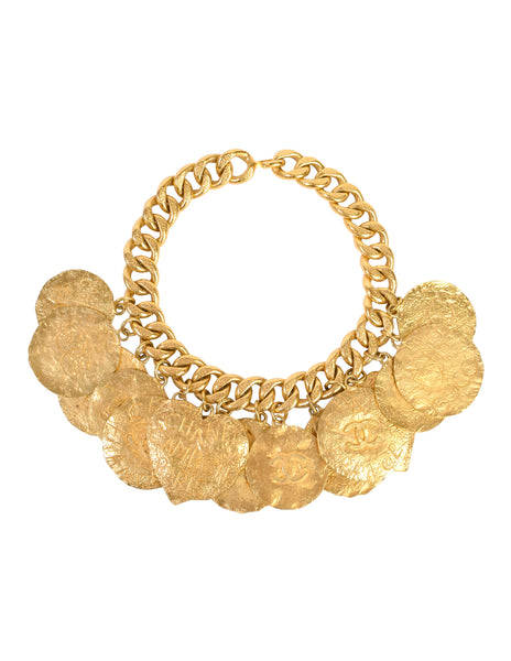 Chanel Vintage 1993 Gold Hammered Coco Egosite Cambon Large Multi Medallion Chain Necklace