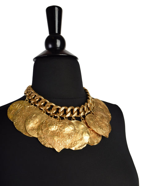 Chanel Vintage 1993 Gold Hammered Coco Egosite Cambon Large Multi Medallion Chain Necklace