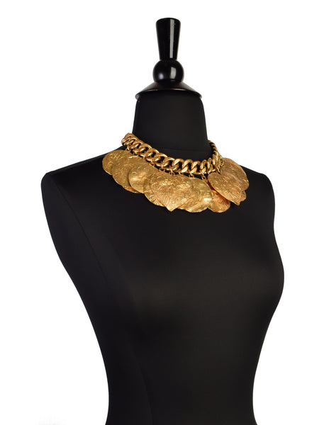 Chanel Vintage 1993 Gold Hammered Coco Egosite Cambon Large Multi Medallion Chain Necklace