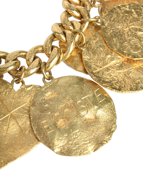 Chanel Vintage 1993 Gold Hammered Coco Egosite Cambon Large Multi Medallion Chain Necklace