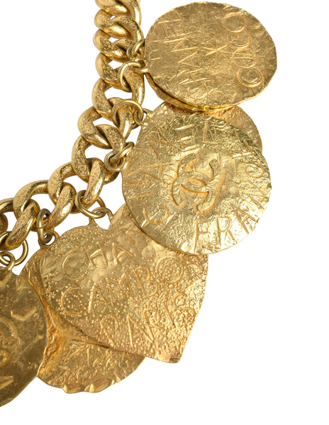 Chanel Vintage 1993 Gold Hammered Coco Egosite Cambon Large Multi Medallion Chain Necklace