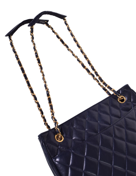 Chanel Vintage 1980s Matelasse Quilted Navy Blue Lambskin Leather Shoulder Tote Bag