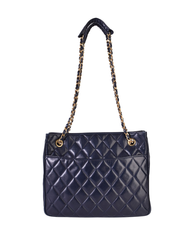 Chanel Vintage 1980s Matelasse Quilted Navy Blue Lambskin Leather Shoulder Tote Bag