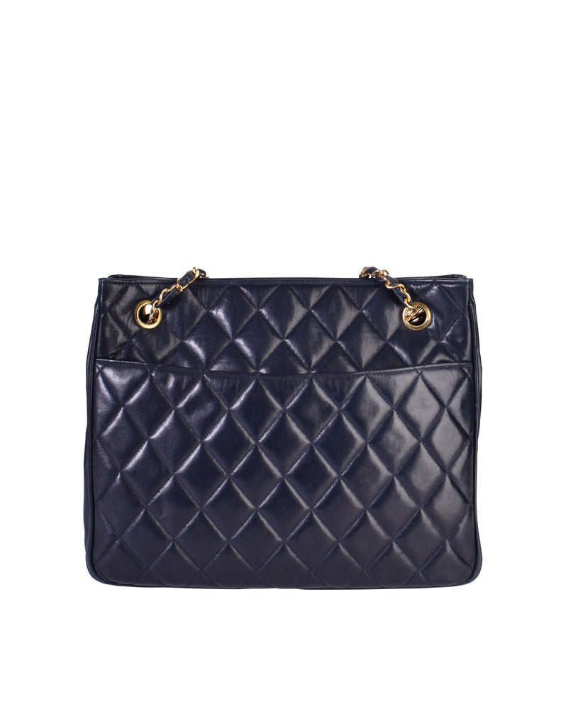Chanel Vintage 1980s Matelasse Quilted Navy Blue Lambskin Leather