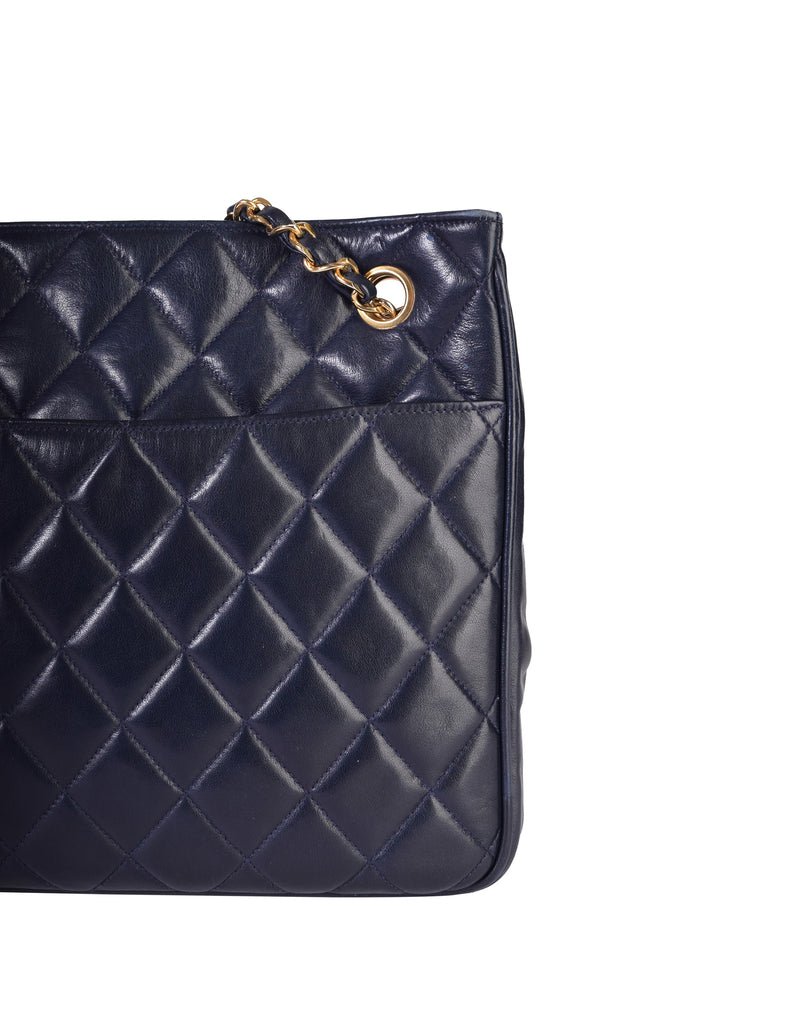 Chanel Vintage 1980s Matelasse Quilted Navy Blue Lambskin Leather Shoulder Tote Bag