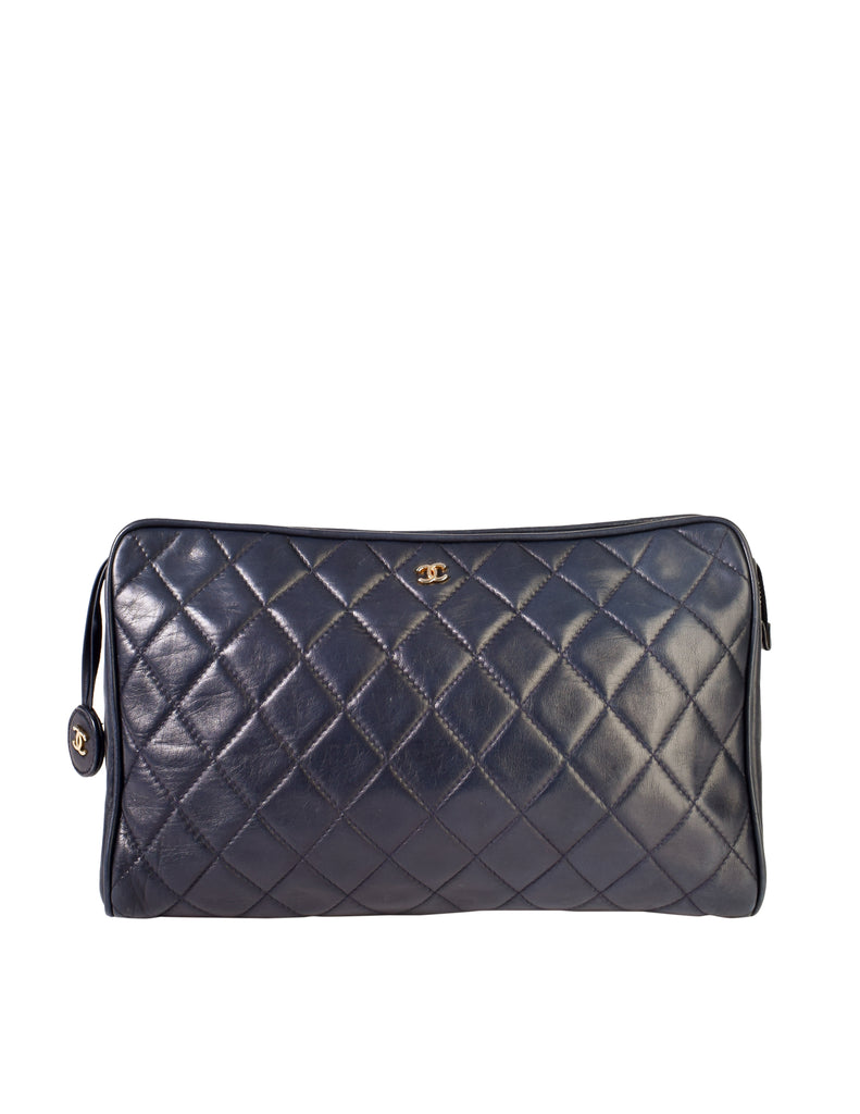 Chanel Vintage Navy Blue Matelasse Quilted Lambskin Leather Clutch