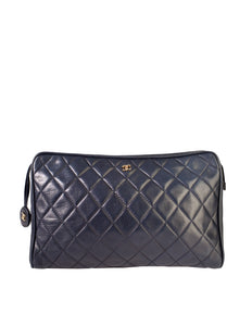 Chanel Vintage Navy Blue Matelasse Quilted Lambskin Leather Clutch Bag