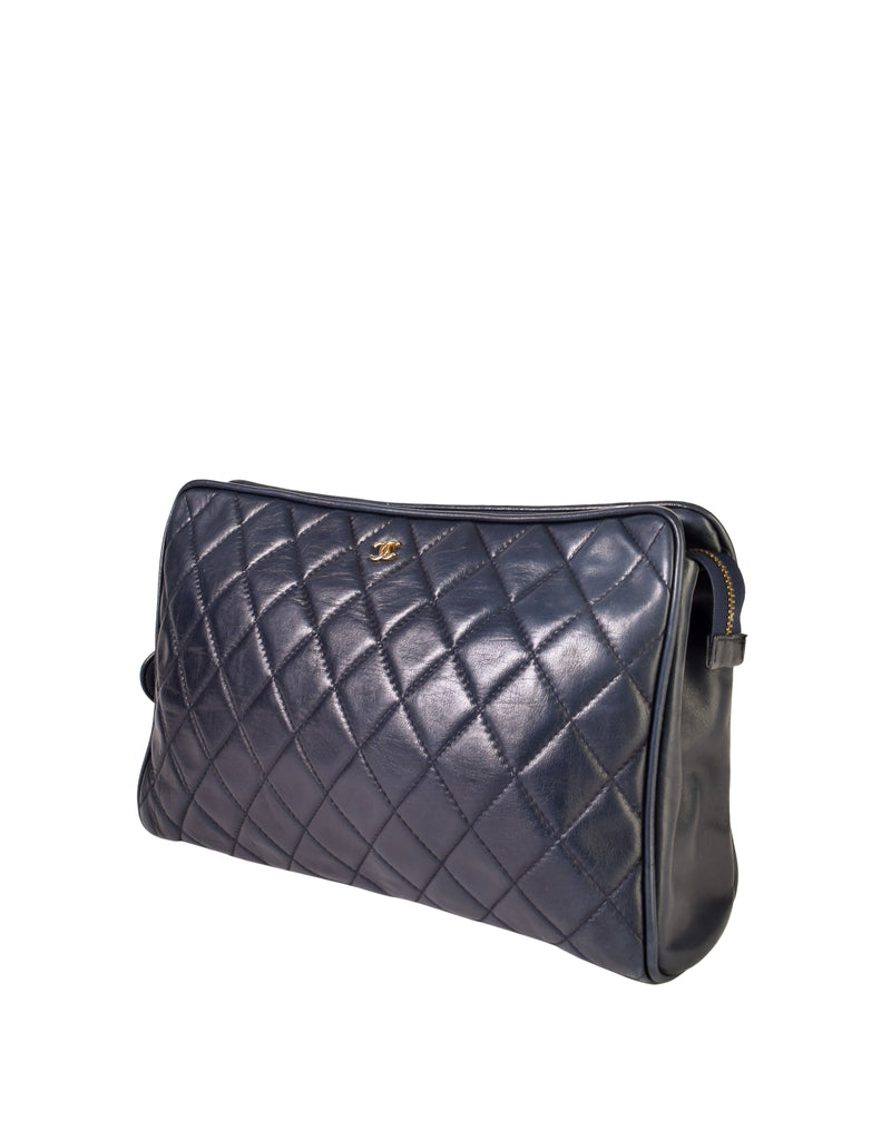 Chanel Vintage 1980s Matelasse Quilted Navy Blue Lambskin Leather Shoulder Tote Bag