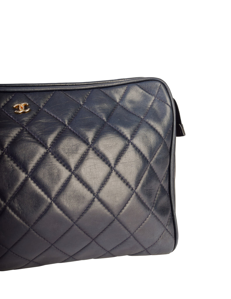 Chanel Vintage Navy Blue Matelasse Quilted Lambskin Leather Clutch