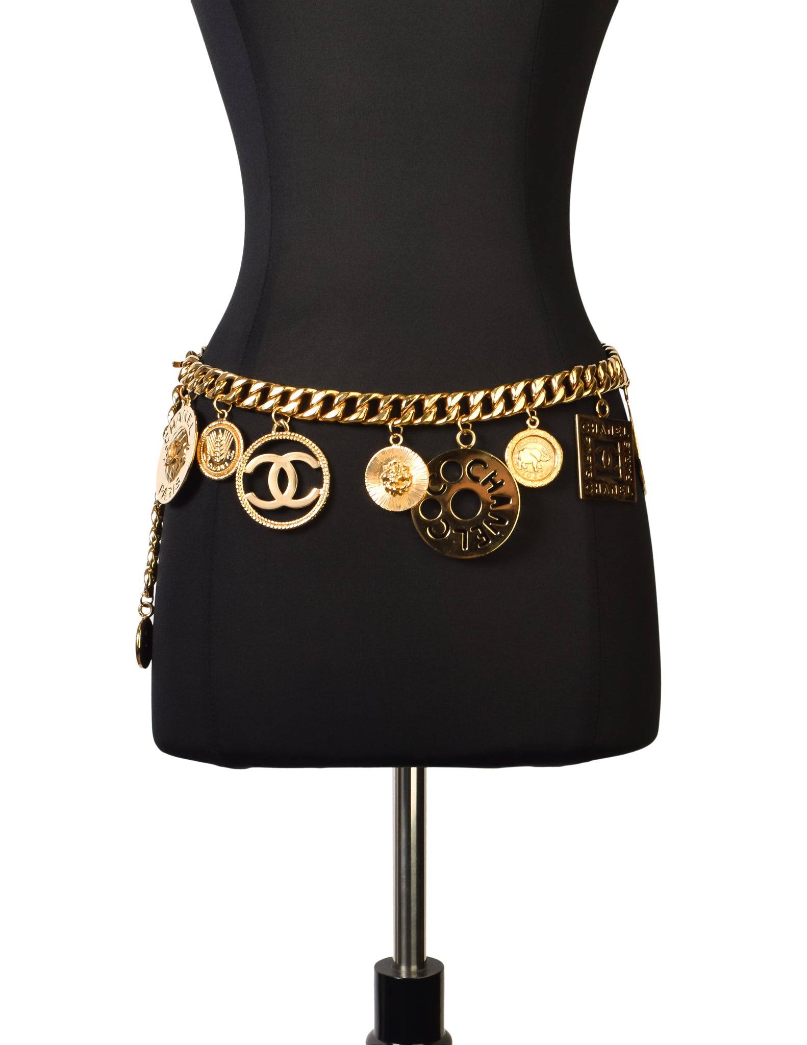 Chanel Vintage Iconic Gold CC Logo Coco Chanel Multi-Charm Chain Statement Belt