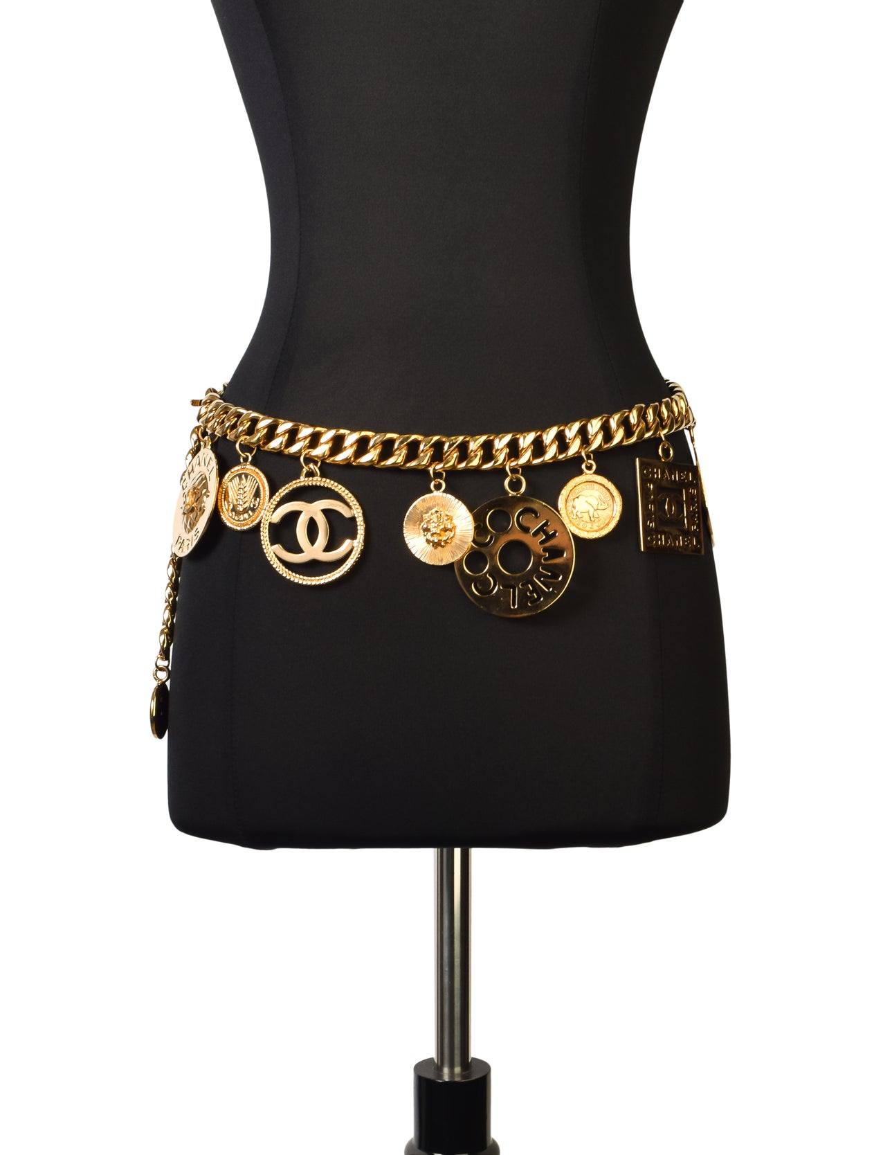 Chanel Vintage Iconic Gold CC Logo Coco Chanel Multi-Charm Chain Statement Belt