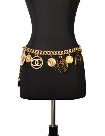 Chanel Vintage Iconic Gold CC Logo Coco Chanel Multi-Charm Chain Statement Belt