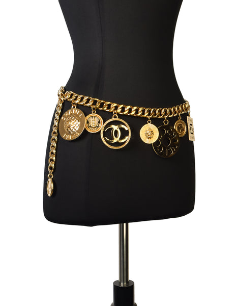 Chanel Vintage Iconic Gold CC Logo Coco Chanel Multi-Charm Chain Statement Belt