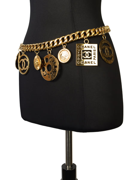 Chanel Vintage Iconic Gold CC Logo Coco Chanel Multi-Charm Chain Statement Belt