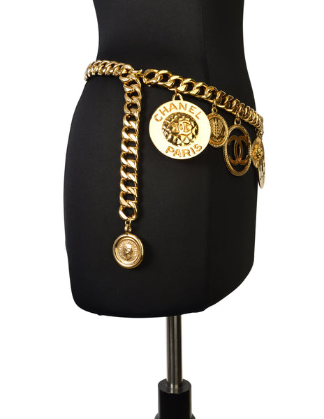 Chanel Vintage Iconic Gold CC Logo Coco Chanel Multi-Charm Chain Statement Belt