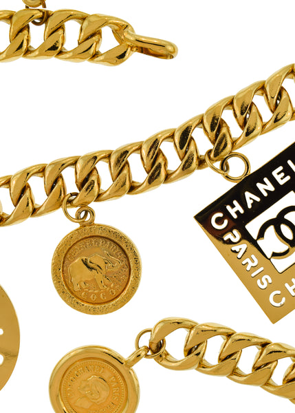 Chanel Vintage Iconic Gold CC Logo Coco Chanel Multi-Charm Chain Statement Belt